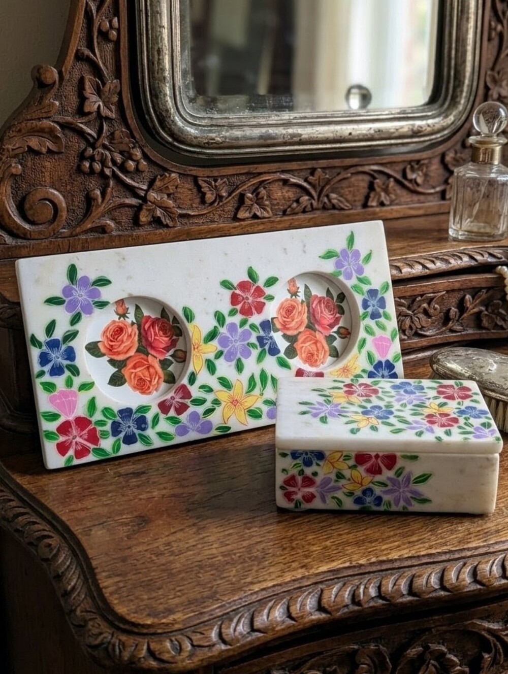 Hand Painted Genuine Marble Vanity Set - Frame And Trinket Box NWOT